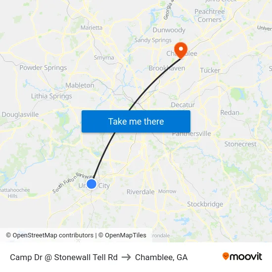 Camp Dr @ Stonewall Tell Rd to Chamblee, GA map