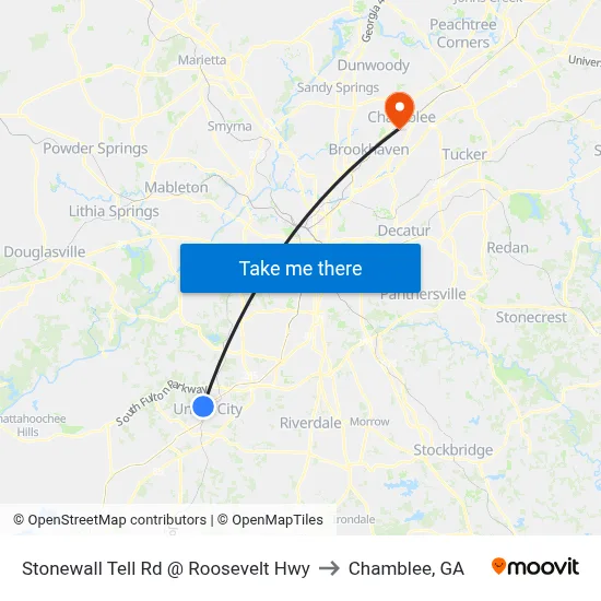 Stonewall Tell Rd @ Roosevelt Hwy to Chamblee, GA map