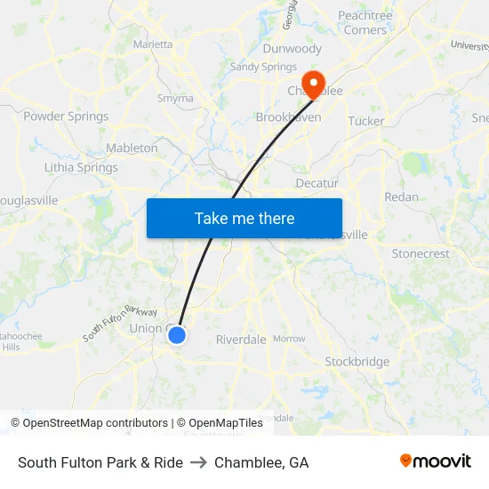 South Fulton Park & Ride to Chamblee, GA map