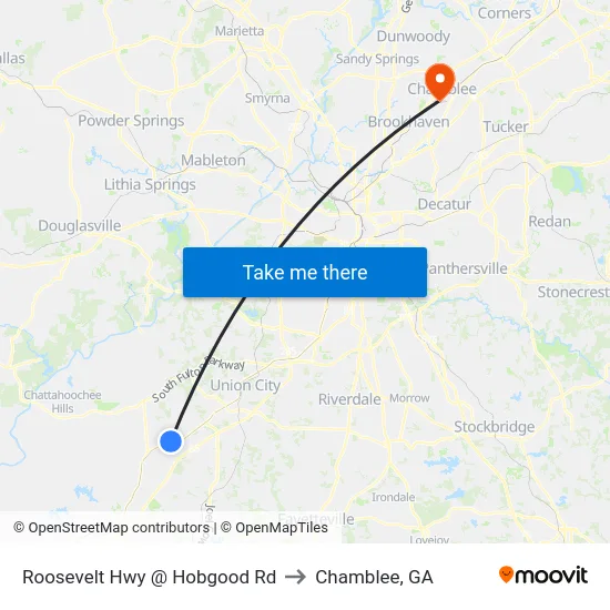 Roosevelt Hwy @ Hobgood Rd to Chamblee, GA map