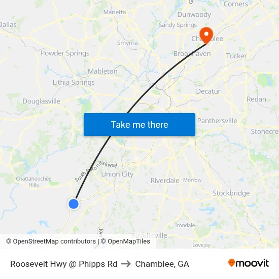 Roosevelt Hwy @ Phipps Rd to Chamblee, GA map