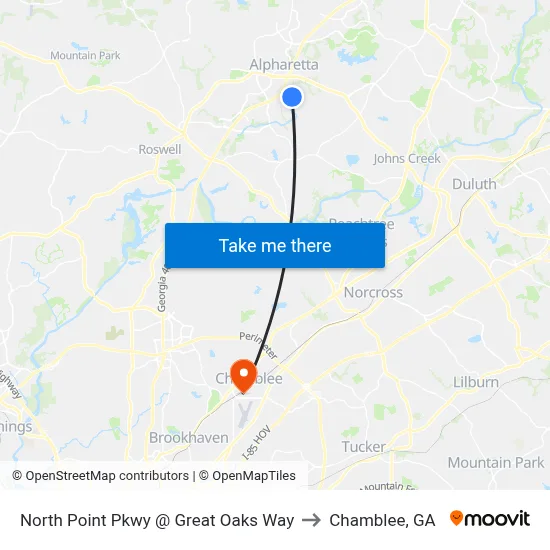 North Point Pkwy @ Great Oaks Way to Chamblee, GA map