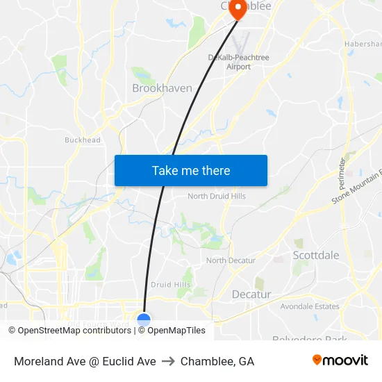 Moreland Ave @ Euclid Ave to Chamblee, GA map