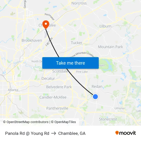 Panola Rd @ Young Rd to Chamblee, GA map