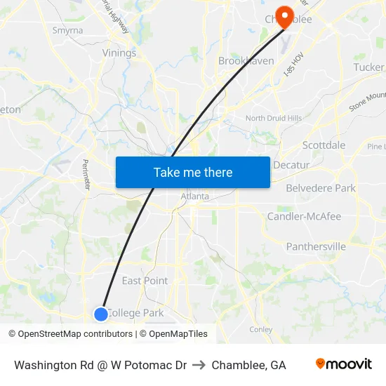 Washington Rd @ W Potomac Dr to Chamblee, GA map