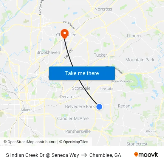 S Indian Creek Dr @ Seneca Way to Chamblee, GA map