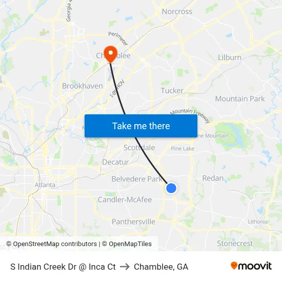 S Indian Creek Dr @ Inca Ct to Chamblee, GA map