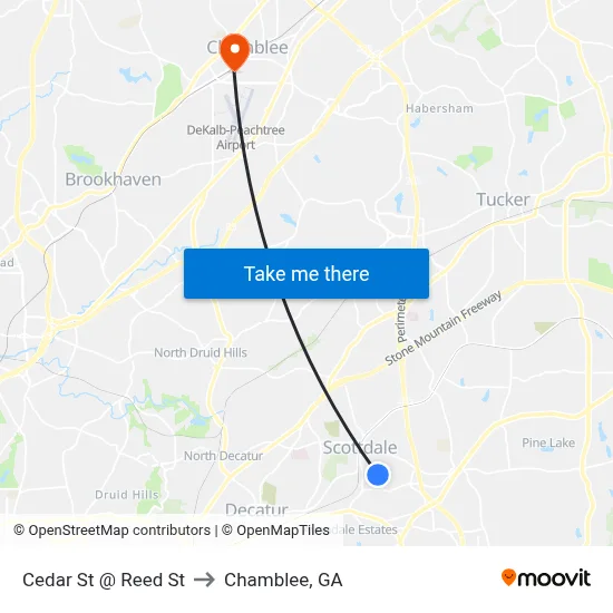 Cedar St @ Reed St to Chamblee, GA map