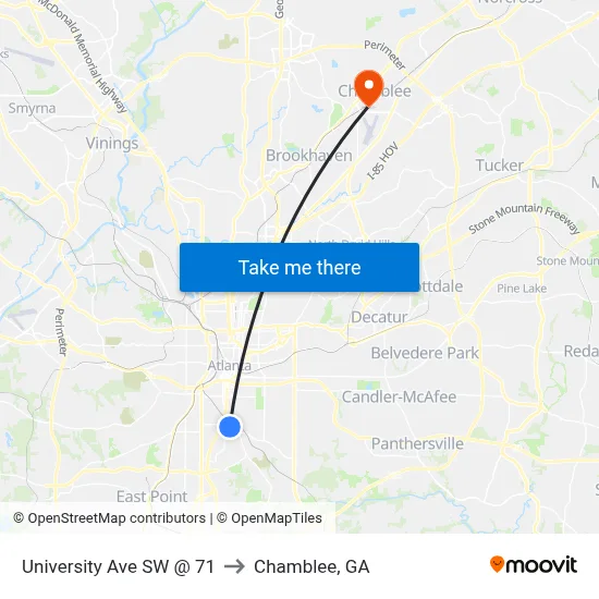 University Ave SW @ 71 to Chamblee, GA map