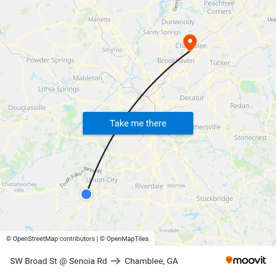 SW Broad St @ Senoia Rd to Chamblee, GA map