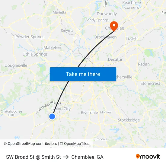 SW Broad St @ Smith St to Chamblee, GA map