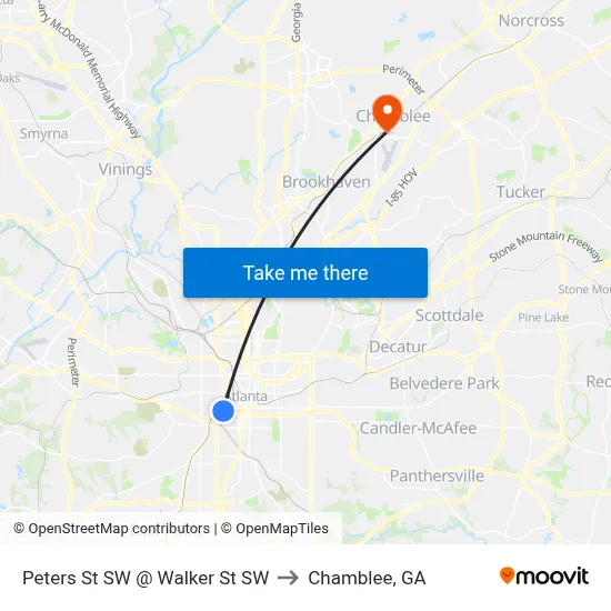 Peters St SW @ Walker St SW to Chamblee, GA map