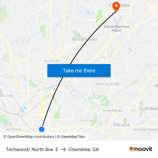 Techwood/ North Ave. E to Chamblee, GA map