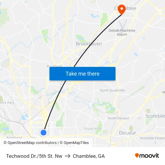 Techwood Dr./5th St. Nw to Chamblee, GA map