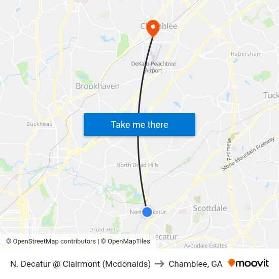 N. Decatur @ Clairmont (Mcdonalds) to Chamblee, GA map