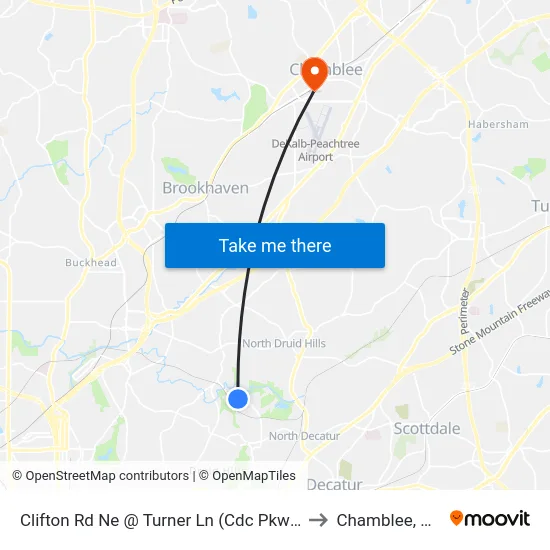 Clifton Rd Ne @ Turner Ln (Cdc Pkwy) to Chamblee, GA map