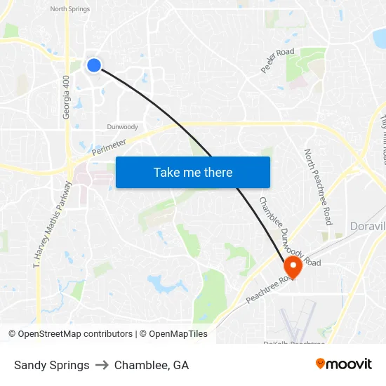 Sandy Springs to Chamblee, GA map