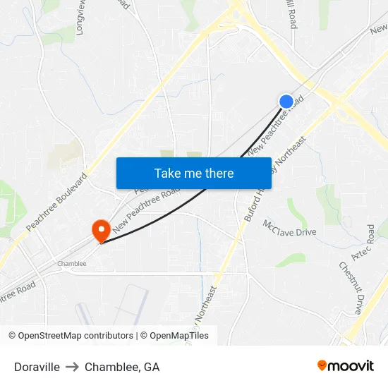 Doraville to Chamblee, GA map