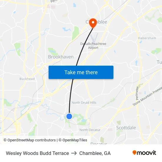 Wesley Woods Budd Terrace to Chamblee, GA map