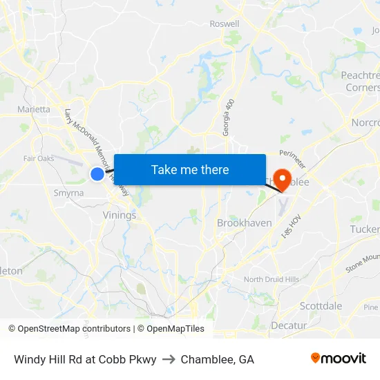 Windy Hill Rd at Cobb Pkwy to Chamblee, GA map