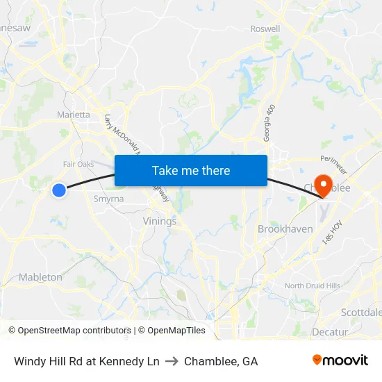 Windy Hill Rd at Kennedy Ln to Chamblee, GA map