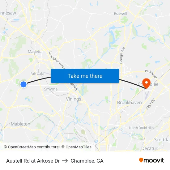 Austell Rd at Arkose Dr to Chamblee, GA map