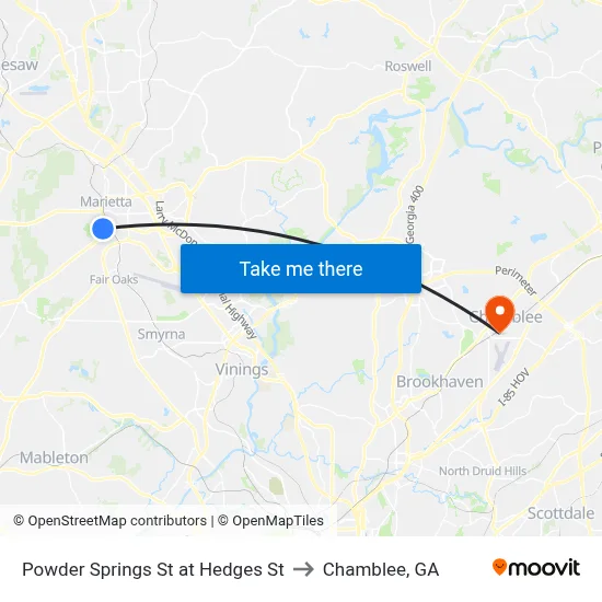 Powder Springs St at Hedges St to Chamblee, GA map