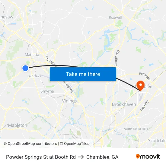 Powder Springs St at Booth Rd to Chamblee, GA map