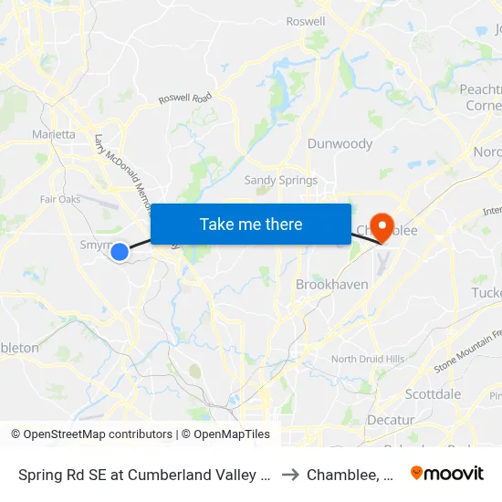 Spring Rd SE at Cumberland Valley Dr to Chamblee, GA map