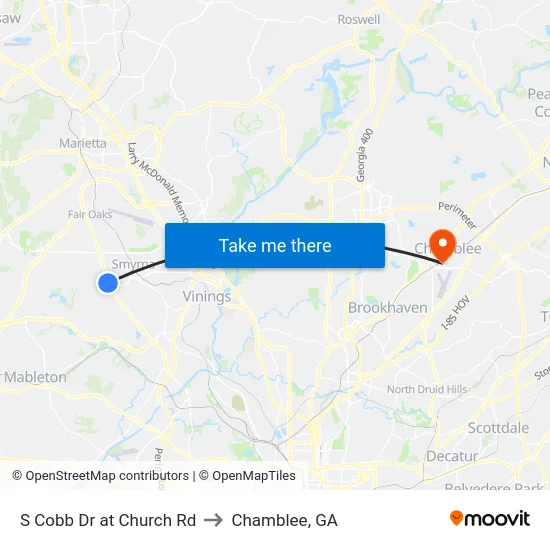 S Cobb Dr at Church Rd to Chamblee, GA map