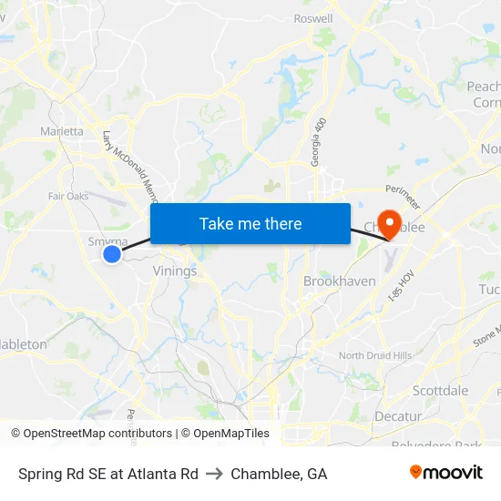 Spring Rd SE at Atlanta Rd to Chamblee, GA map