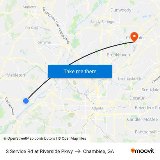S Service Rd at Riverside Pkwy to Chamblee, GA map