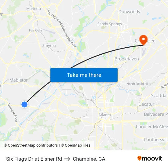 Six Flags Dr at Elsner Rd to Chamblee, GA map