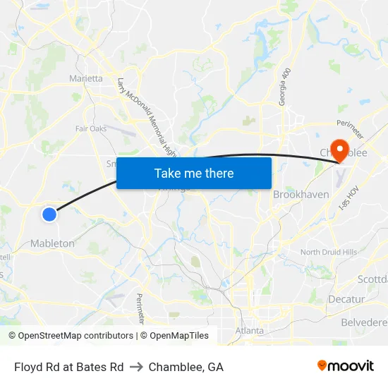 Floyd Rd at Bates Rd to Chamblee, GA map