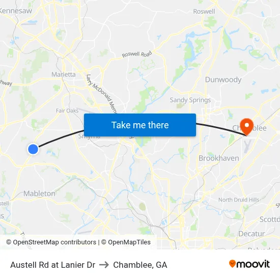 Austell Rd at Lanier Dr to Chamblee, GA map