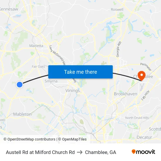 Austell Rd at Milford Church Rd to Chamblee, GA map