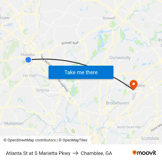 Atlanta St at S Marietta Pkwy to Chamblee, GA map