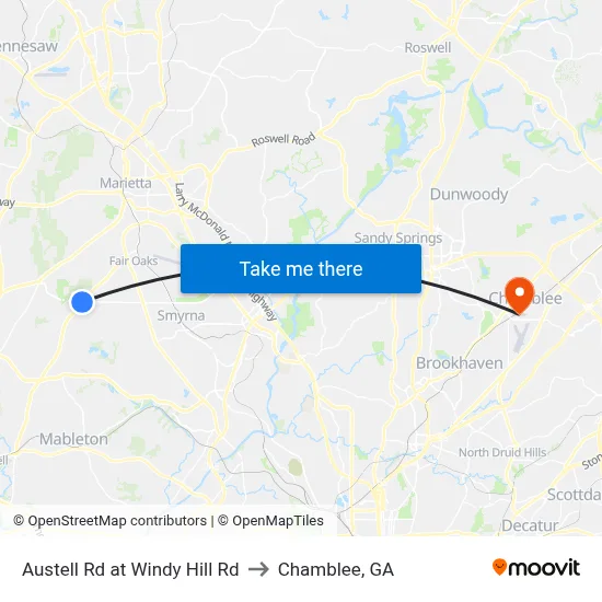 Austell Rd at Windy Hill Rd to Chamblee, GA map