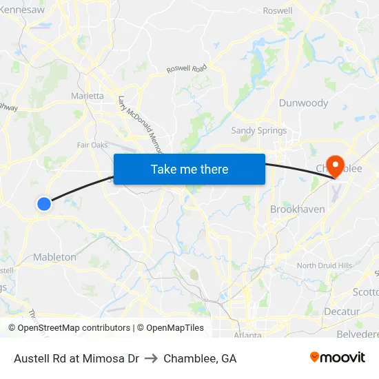 Austell Rd at Mimosa Dr to Chamblee, GA map