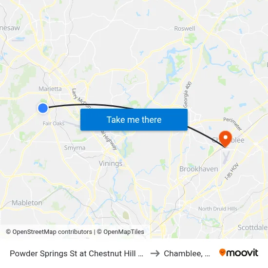 Powder Springs St at Chestnut Hill Rd to Chamblee, GA map