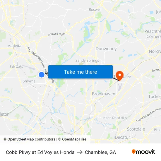 Cobb Pkwy at Ed Voyles Honda to Chamblee, GA map