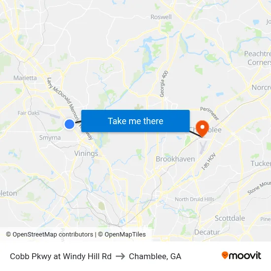 Cobb Pkwy at Windy Hill Rd to Chamblee, GA map