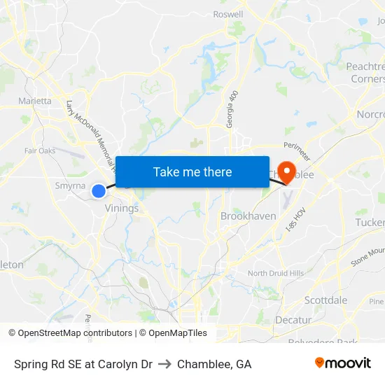 Spring Rd SE at Carolyn Dr to Chamblee, GA map