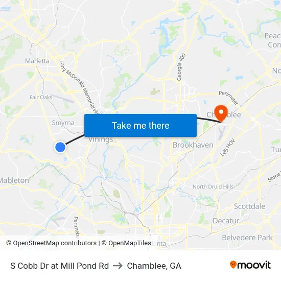S Cobb Dr at Mill Pond Rd to Chamblee, GA map