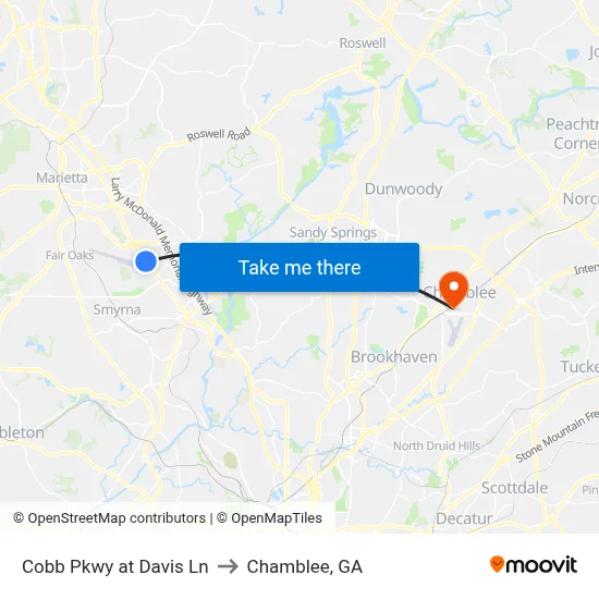 Cobb Pkwy at Davis Ln to Chamblee, GA map