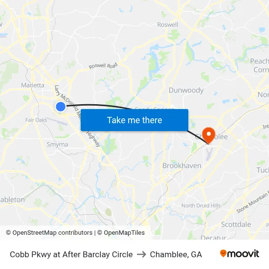 Cobb Pkwy at After Barclay Circle to Chamblee, GA map