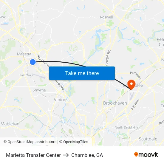 Marietta Transfer Center to Chamblee, GA map