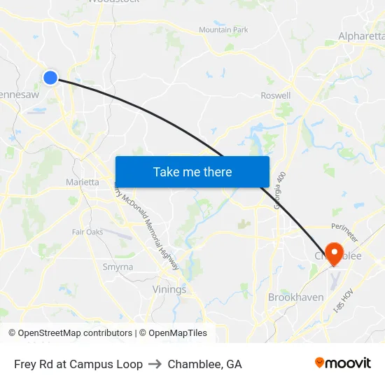 Frey Rd at Campus Loop to Chamblee, GA map