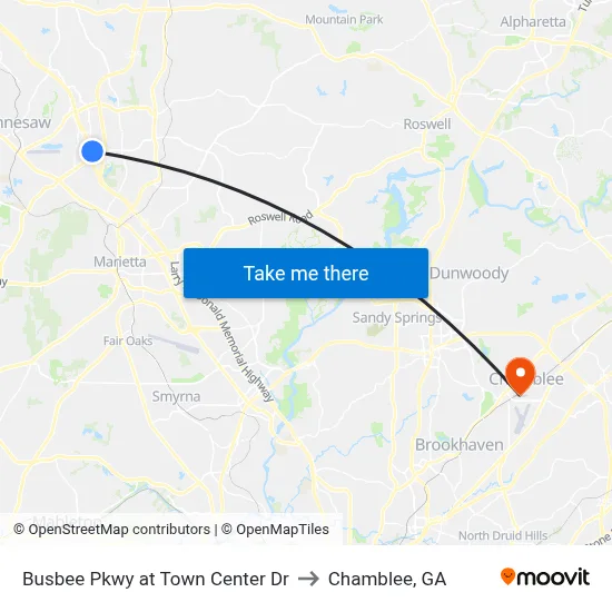Busbee Pkwy at Town Center Dr to Chamblee, GA map