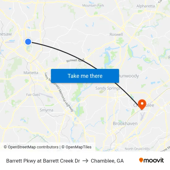 Barrett Pkwy at Barrett Creek Dr to Chamblee, GA map